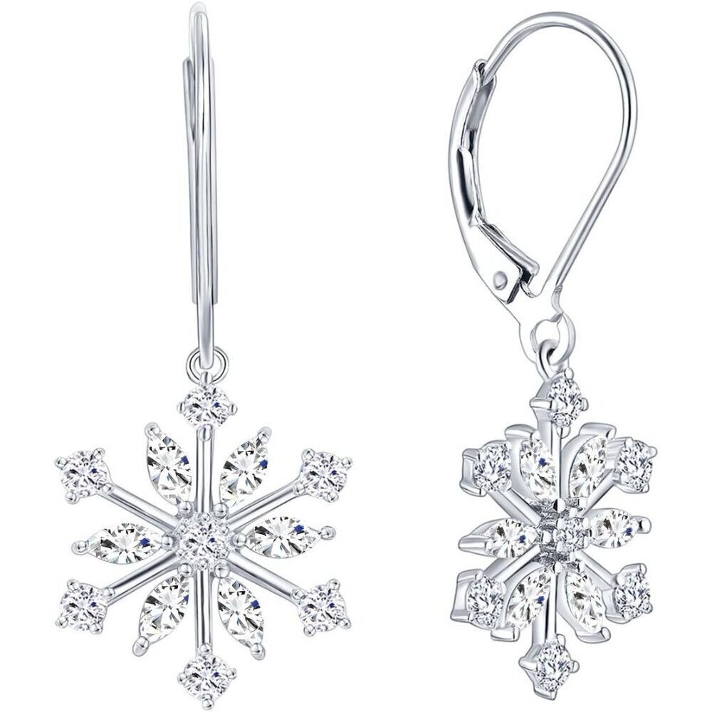 925 Sterling Silver White/Blue CZ Snowflake Leverback Earrings Drop & Dangle Ear